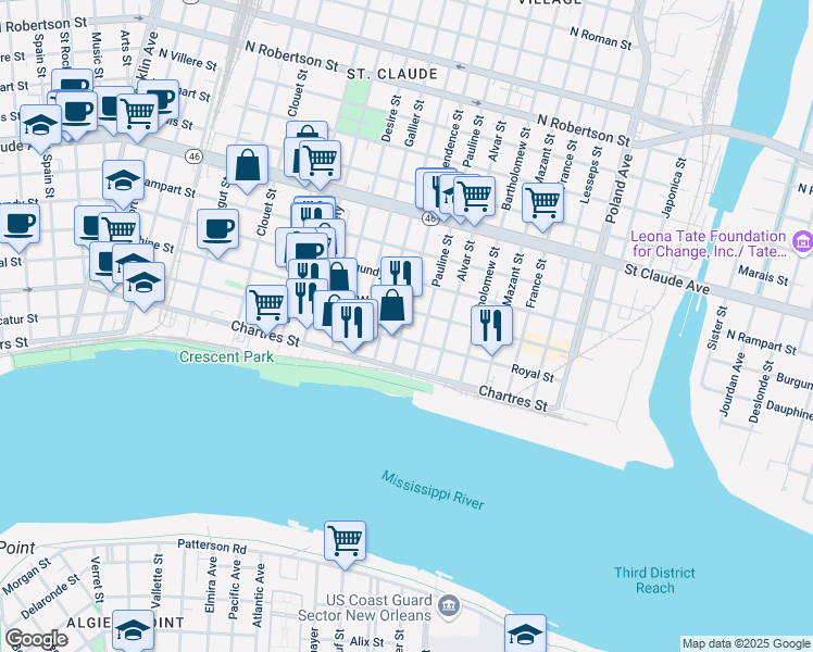 map of restaurants, bars, coffee shops, grocery stores, and more near 715 Independence Street in New Orleans