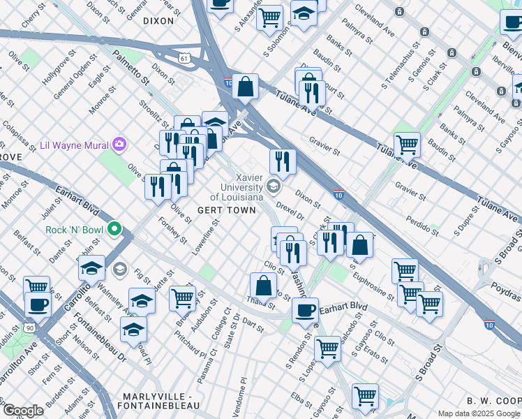 map of restaurants, bars, coffee shops, grocery stores, and more near 7202 Washington Avenue in New Orleans