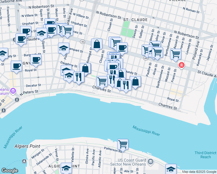 map of restaurants, bars, coffee shops, grocery stores, and more near 619 Louisa Street in New Orleans