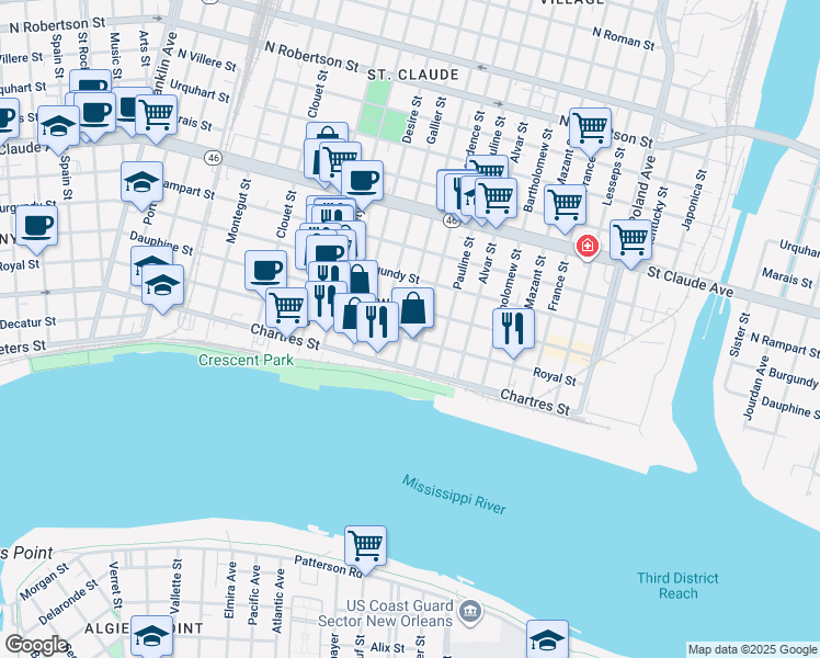 map of restaurants, bars, coffee shops, grocery stores, and more near 711 Congress Street in New Orleans