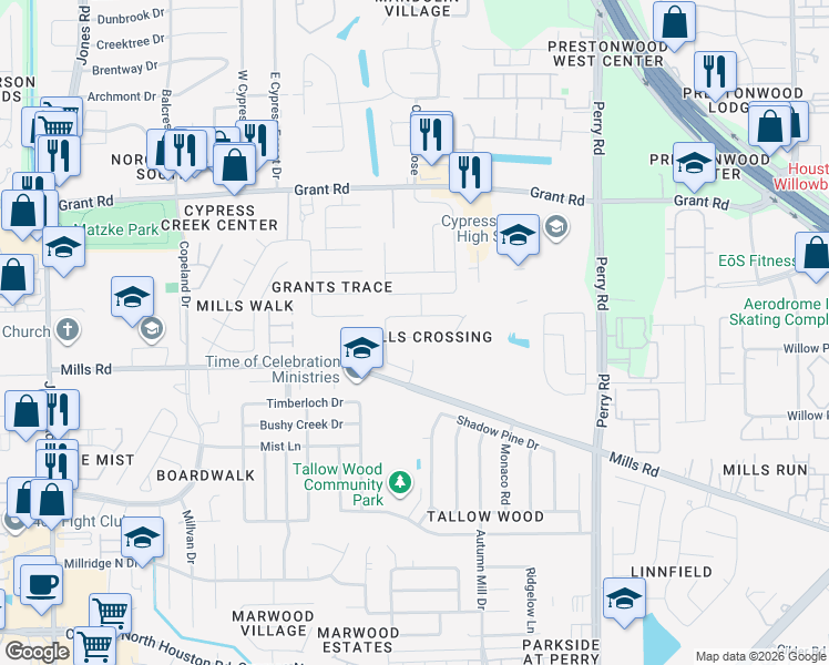 map of restaurants, bars, coffee shops, grocery stores, and more near 10306 Mills Pass Drive in Houston