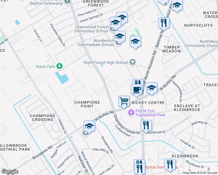 map of restaurants, bars, coffee shops, grocery stores, and more near 11727 Champions Grove Lane in Houston