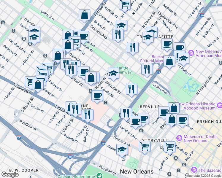 map of restaurants, bars, coffee shops, grocery stores, and more near 2012 Bienville Street in New Orleans