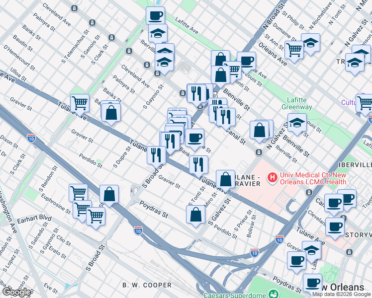 map of restaurants, bars, coffee shops, grocery stores, and more near 2617 Banks Street in New Orleans