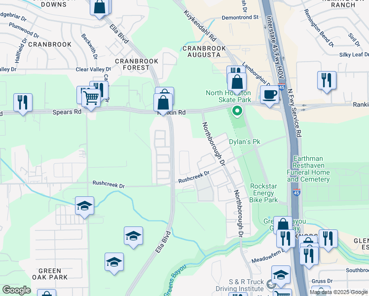 map of restaurants, bars, coffee shops, grocery stores, and more near 718 North Ella Creek Drive in Houston