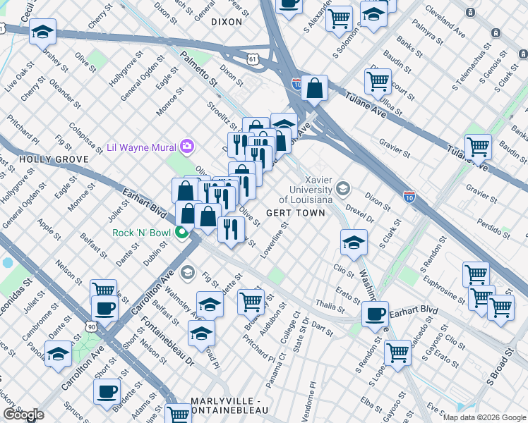 map of restaurants, bars, coffee shops, grocery stores, and more near 3424 Fern Street in New Orleans