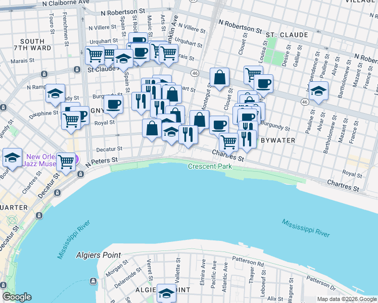map of restaurants, bars, coffee shops, grocery stores, and more near 2900 Chartres Street in New Orleans