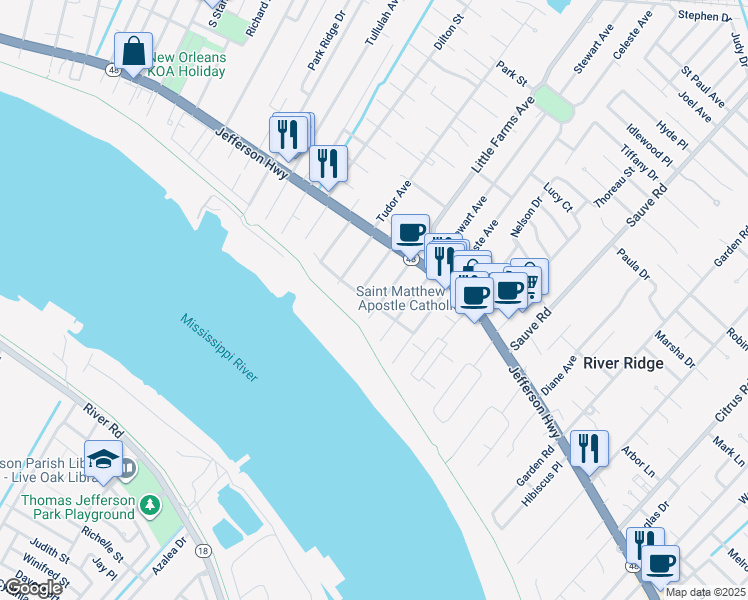 map of restaurants, bars, coffee shops, grocery stores, and more near 10317 Stewart Place in River Ridge