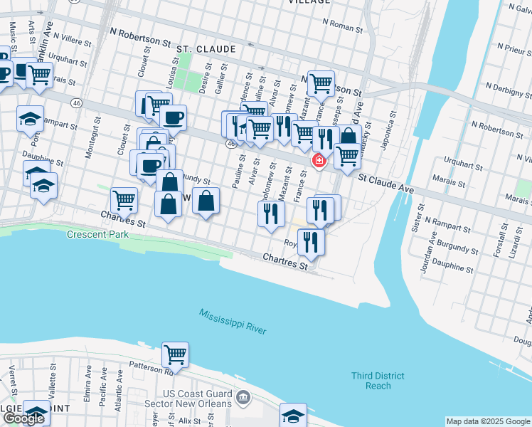 map of restaurants, bars, coffee shops, grocery stores, and more near 4011 Dauphine Street in New Orleans