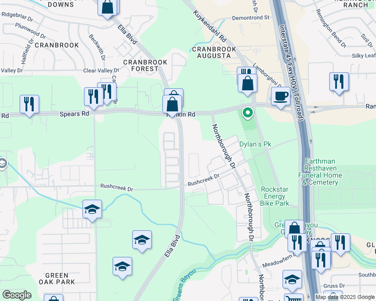 map of restaurants, bars, coffee shops, grocery stores, and more near 734 North Ella Creek Drive in Houston