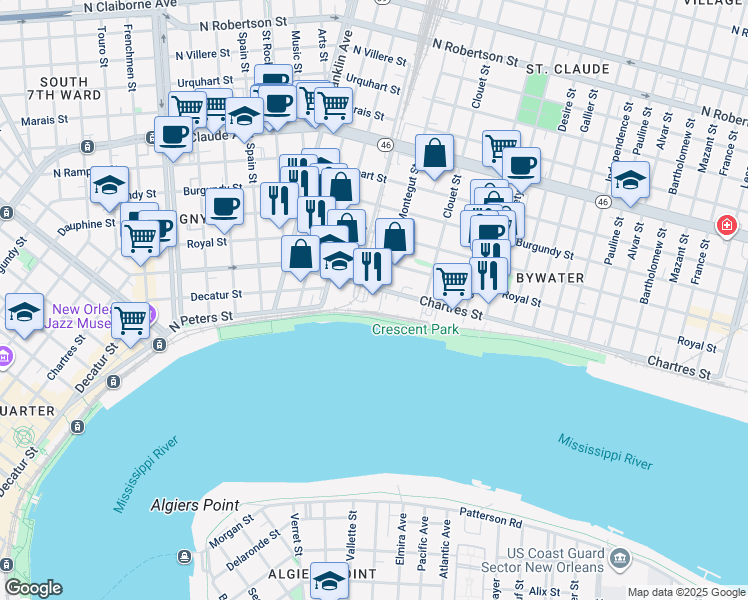 map of restaurants, bars, coffee shops, grocery stores, and more near 522 Montegut Street in New Orleans
