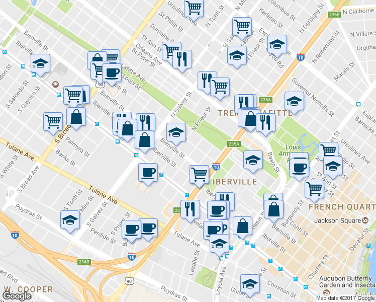 map of restaurants, bars, coffee shops, grocery stores, and more near 317 N Roman St in New Orleans