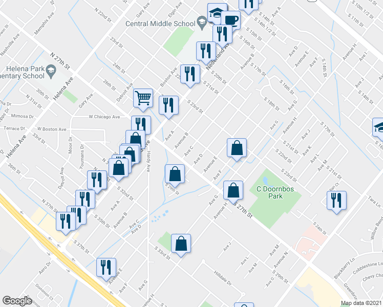 map of restaurants, bars, coffee shops, grocery stores, and more near 2603 Avenue C in Nederland