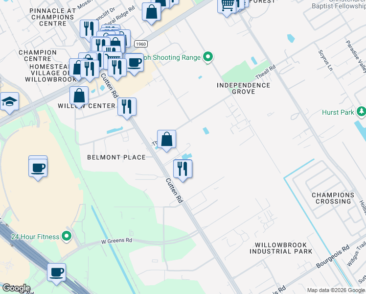 map of restaurants, bars, coffee shops, grocery stores, and more near 12446 Cutten Road in Houston
