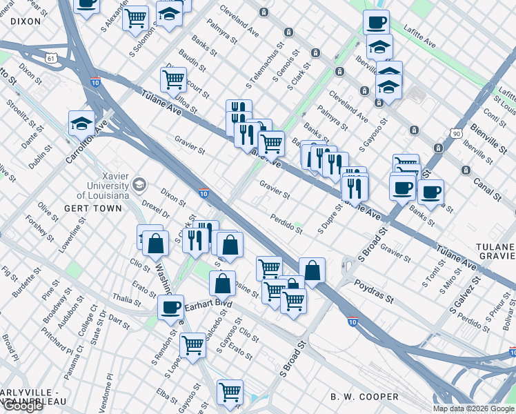 map of restaurants, bars, coffee shops, grocery stores, and more near 748 South Rendon Street in New Orleans