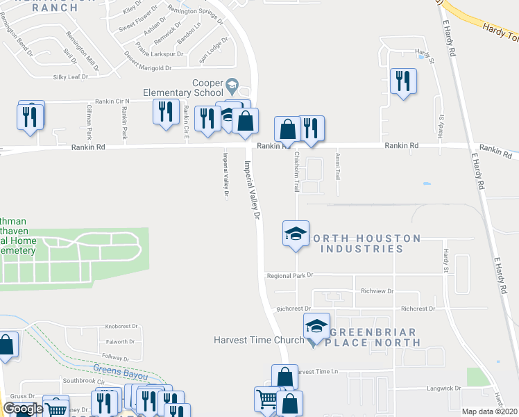 map of restaurants, bars, coffee shops, grocery stores, and more near 18206 Imperial Valley Drive in Houston