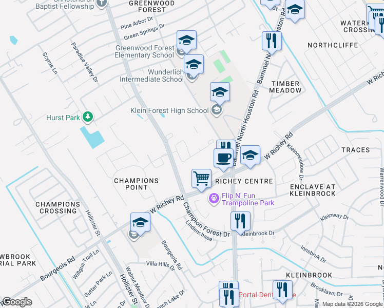 map of restaurants, bars, coffee shops, grocery stores, and more near 11706 Keswick Pines Lane in Houston