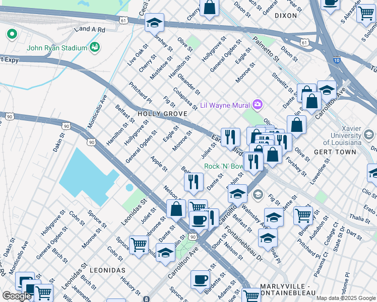 map of restaurants, bars, coffee shops, grocery stores, and more near 8601 Apricot Street in New Orleans