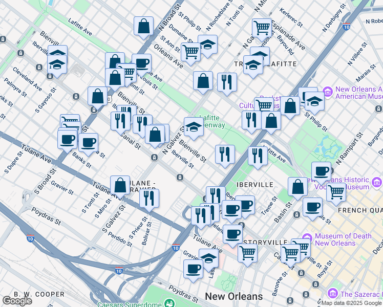 map of restaurants, bars, coffee shops, grocery stores, and more near 2010 Bienville Street in New Orleans