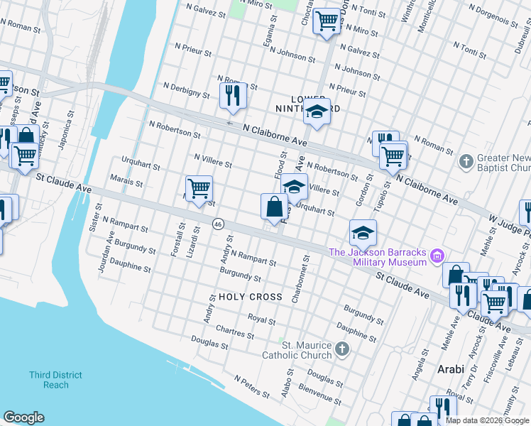 map of restaurants, bars, coffee shops, grocery stores, and more near 5465 Marais Street in New Orleans