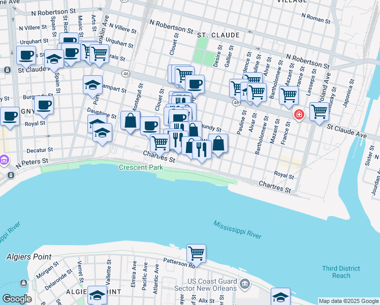 map of restaurants, bars, coffee shops, grocery stores, and more near 640 Desire Street in New Orleans