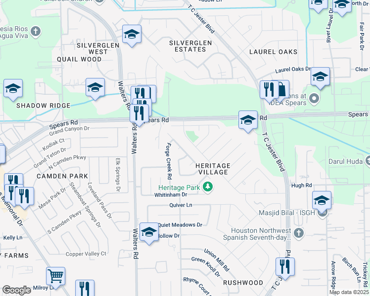 map of restaurants, bars, coffee shops, grocery stores, and more near 12163 Swords Creek Road in Houston