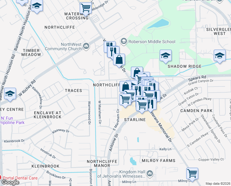 map of restaurants, bars, coffee shops, grocery stores, and more near 12215 E Marsham Cir in Houston