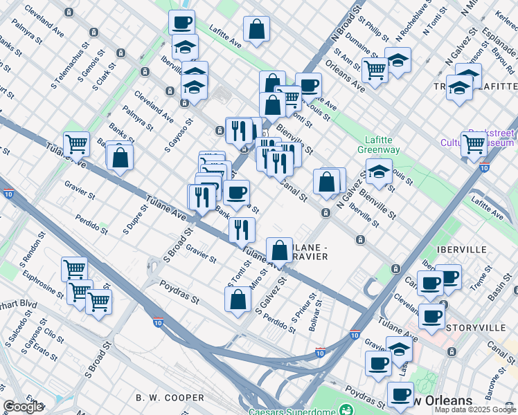 map of restaurants, bars, coffee shops, grocery stores, and more near 2525 Palmyra Street in New Orleans