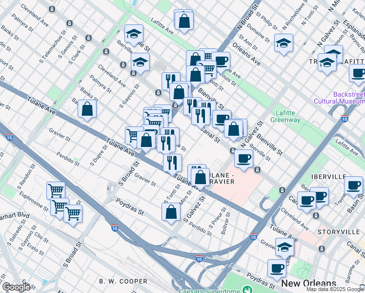 map of restaurants, bars, coffee shops, grocery stores, and more near 2525 Palmyra Street in New Orleans