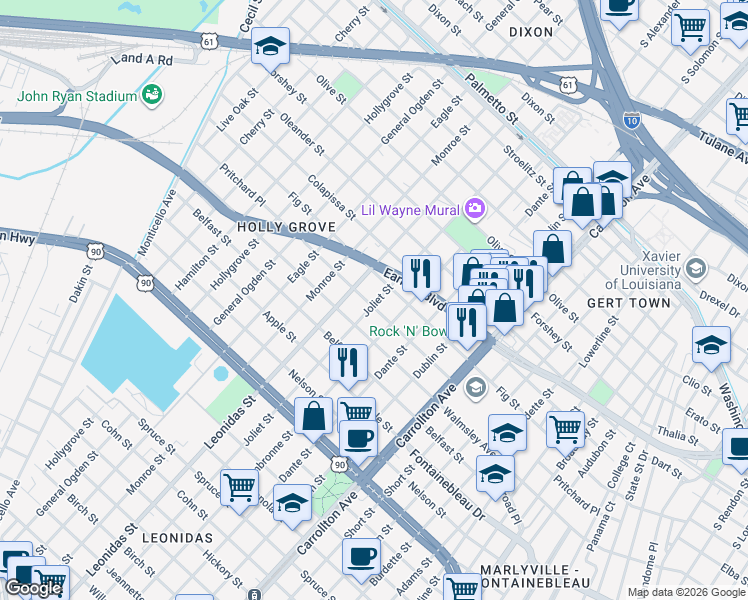 map of restaurants, bars, coffee shops, grocery stores, and more near 8501 Pritchard Place in New Orleans