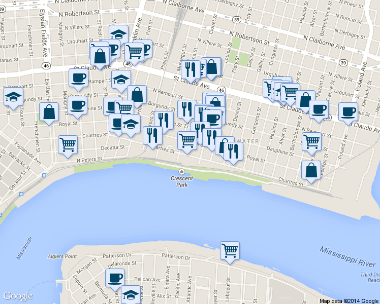 map of restaurants, bars, coffee shops, grocery stores, and more near 3137 Chartres St in New Orleans