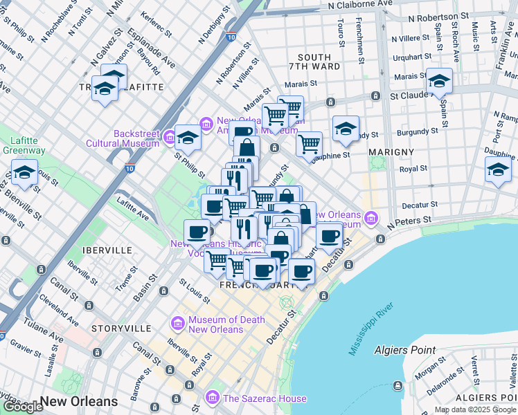 map of restaurants, bars, coffee shops, grocery stores, and more near 1022 Burgundy Street in New Orleans
