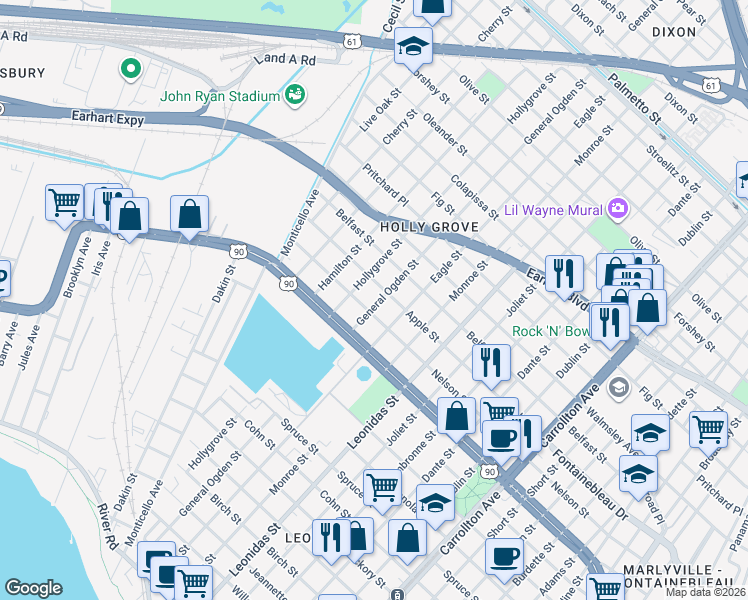 map of restaurants, bars, coffee shops, grocery stores, and more near 2518 General Ogden Street in New Orleans