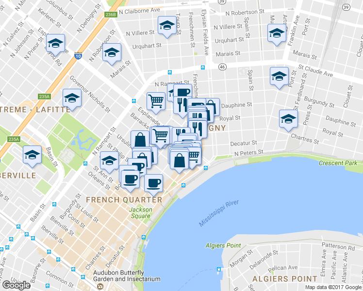 map of restaurants, bars, coffee shops, grocery stores, and more near 623 Barracks Street in New Orleans