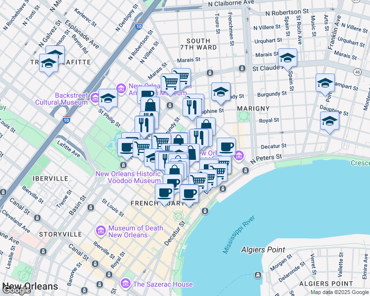 map of restaurants, bars, coffee shops, grocery stores, and more near 825 Ursulines Avenue in New Orleans