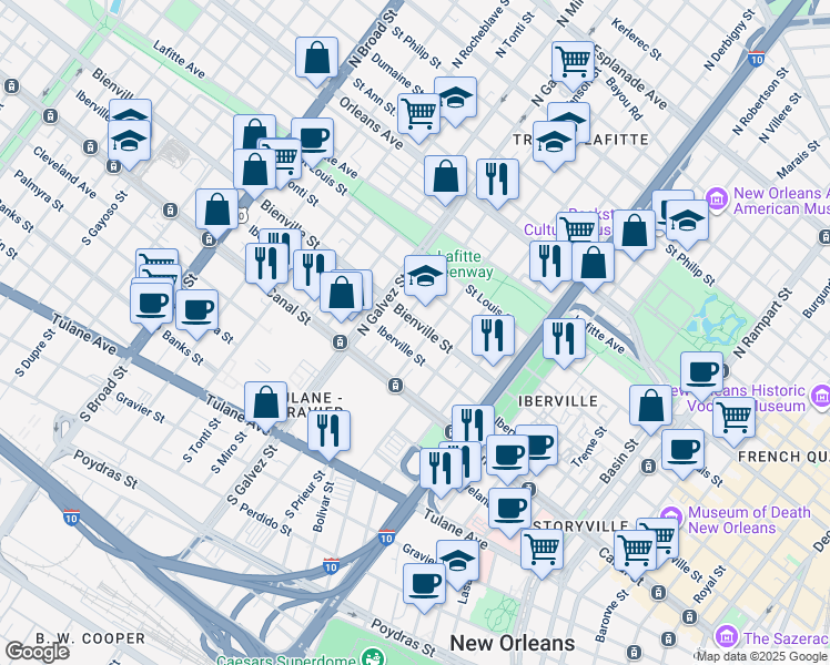 map of restaurants, bars, coffee shops, grocery stores, and more near 2010 Bienville Street in New Orleans