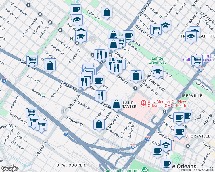 map of restaurants, bars, coffee shops, grocery stores, and more near 2525 Palmyra Street in New Orleans