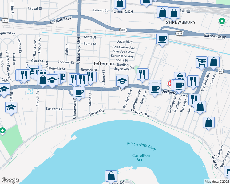 map of restaurants, bars, coffee shops, grocery stores, and more near 2200 Jefferson Highway in Jefferson