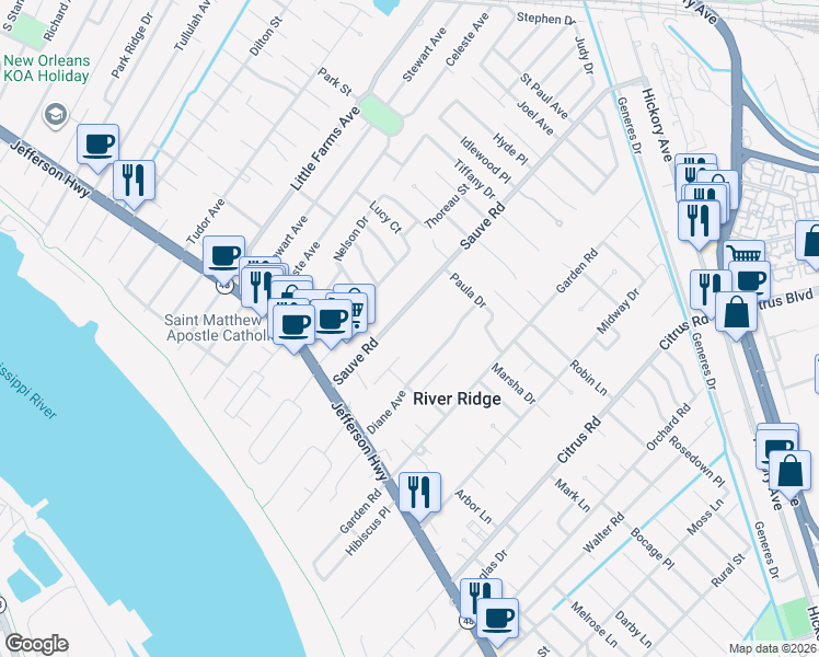 map of restaurants, bars, coffee shops, grocery stores, and more near 181 Sauve Road in River Ridge