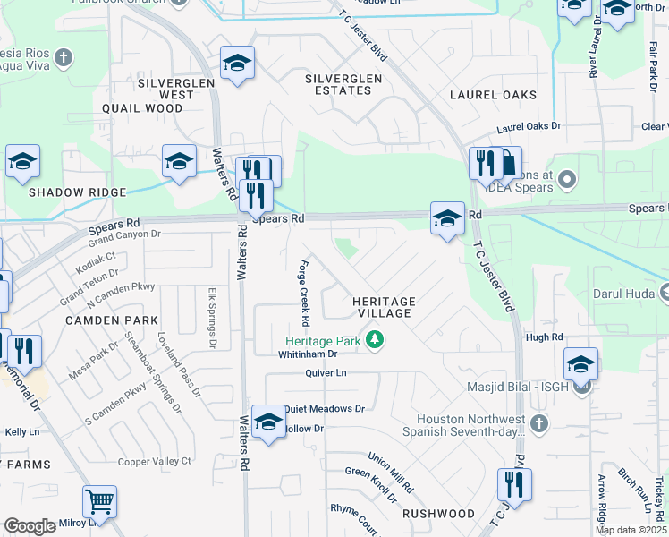map of restaurants, bars, coffee shops, grocery stores, and more near 12163 Swords Creek Road in Houston