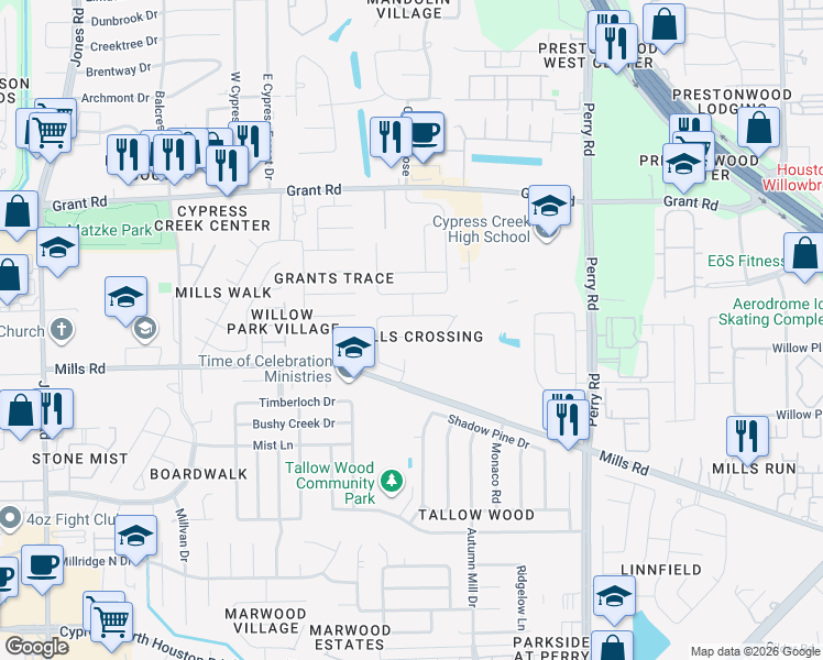 map of restaurants, bars, coffee shops, grocery stores, and more near 10306 Mills Pass Drive in Houston