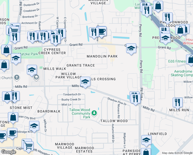 map of restaurants, bars, coffee shops, grocery stores, and more near 10306 Mills Pass Drive in Houston