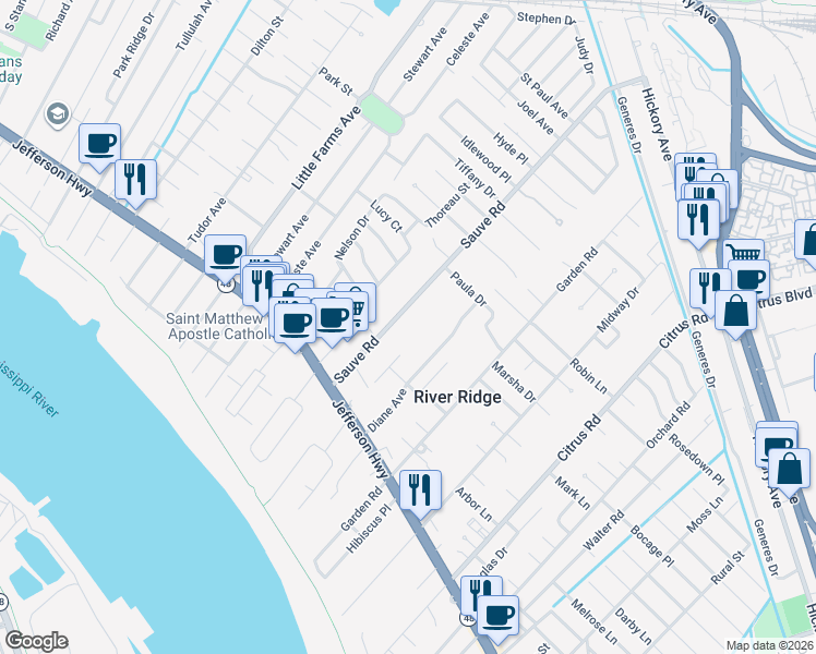 map of restaurants, bars, coffee shops, grocery stores, and more near 181 Sauve Road in River Ridge