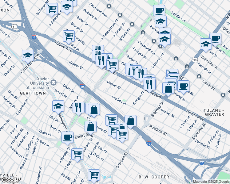 map of restaurants, bars, coffee shops, grocery stores, and more near 723 South Lopez Street in New Orleans