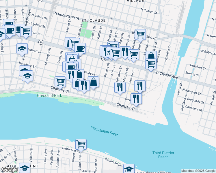 map of restaurants, bars, coffee shops, grocery stores, and more near 3830 Dauphine Street in New Orleans