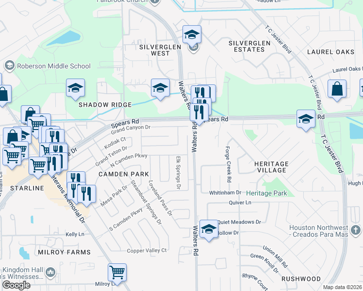 map of restaurants, bars, coffee shops, grocery stores, and more near 12002 Elk Springs Drive in Houston