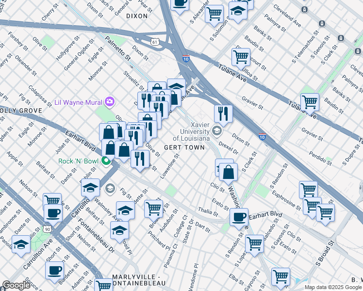 map of restaurants, bars, coffee shops, grocery stores, and more near 3540 Lowerline Street in New Orleans