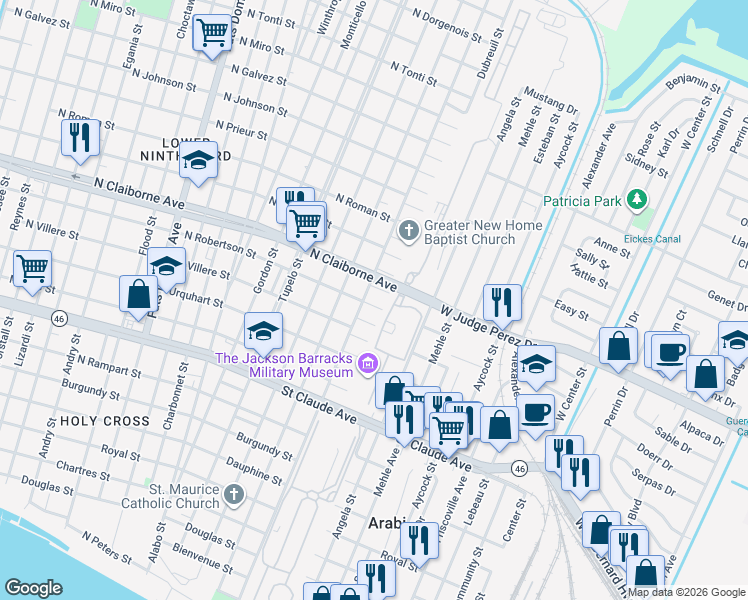 map of restaurants, bars, coffee shops, grocery stores, and more near 6415 North Robertson Street in New Orleans