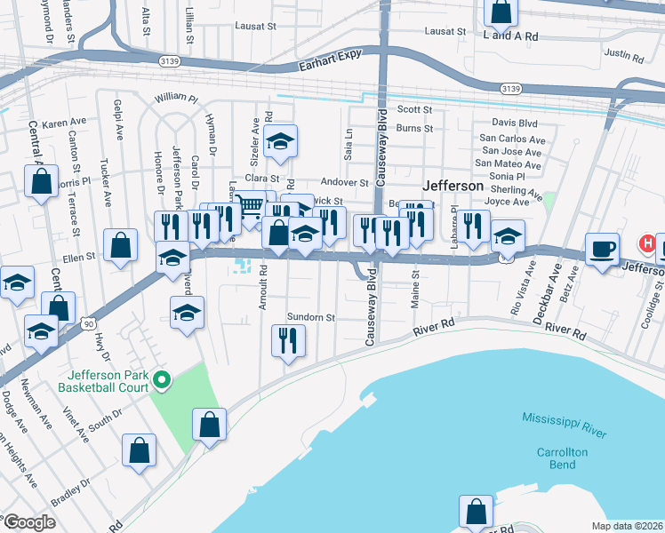 map of restaurants, bars, coffee shops, grocery stores, and more near 3310 Jefferson Highway in Jefferson