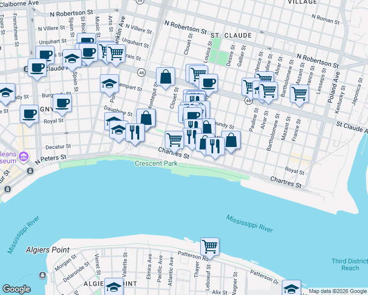 map of restaurants, bars, coffee shops, grocery stores, and more near in New Orleans